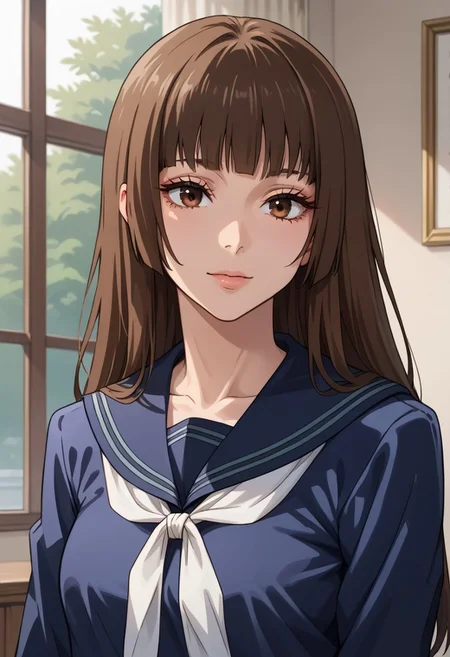 anime artwork, score_9, score_8_up, score_7_up, score_6_up, score_5_up, solo, perfect eyes, detailed eyes, beautiful female, detailed face, dynamics lines, 20 year old, perfect beautiful face, long eyelashes, sharp eyes pupils, (bedroom:1.3), (upper body:1.5), medium breasts, wide hips, hips,,1 girl, brown hair, long hair, blunt bangs, long hair, brown eyes, school uniform, blue serafuku, sailor collar, smile