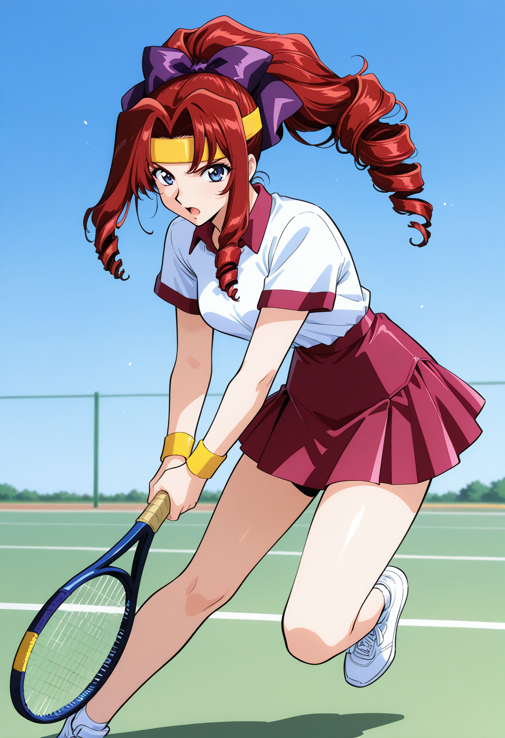 shindou_tamaki, blue eyes, red hair, long hair, drill hair, ponytail, hair ribbon, purple bow, yellow headband, yellow wristband, short sleeves, sportswear, red skirt, <lora:asuka120_shindou_tamaki_illustrious_ver1:0.8> 
serious, open mouth, tennis racket, holding, full body, attack,, masterpiece, best quality, general,, 1girl, solo, (field:1.2), (blue sky:1.2), looking at viewer,