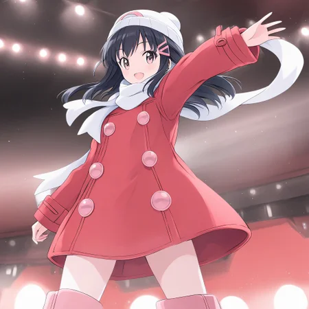 Live Music Venue,(solo),hikari(Pokémon Platinum Version),black long hair,white beanie,pink hairclip,white scarf,four pink buttons on red winter coat,white kneehighs, pink boots,(filename)
