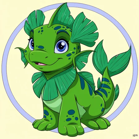 Neopets, circle background, solo
cute green fish-puppy in the style of neopets
