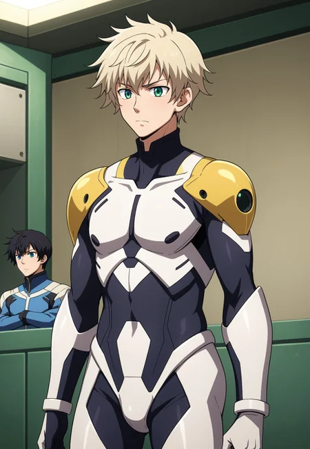 score_9, score_8_up, score_7_up, source_anime, cowboy shot, 2boys, male focus, dramatic shot, BREAK, ( ein_dalton, blue eyes, black hair, best eyes, ), BREAK, ( hush_middy, green eyes, light blond hair, best eyes), pilot suit, BREAK, hangar,