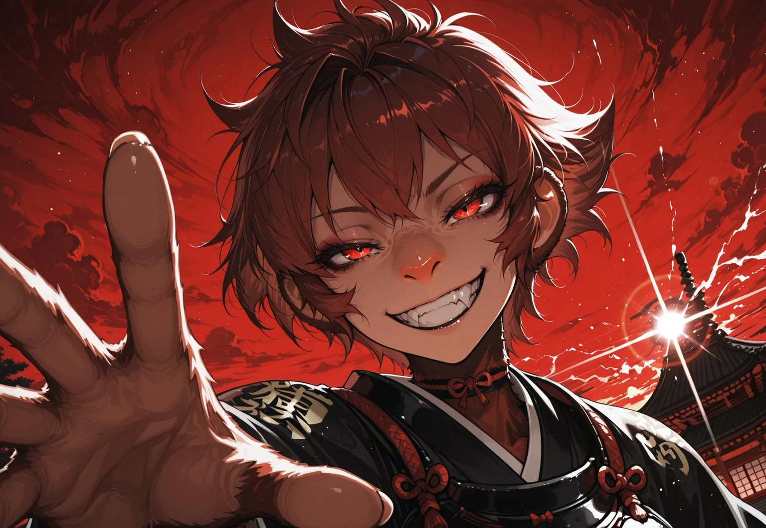 highly detailed, fine skin detail, absurdres, highly-detailed, best quality, detailed eyes, beautiful eyes, masterpiece, very aesthetic, dutch angle, extreme theme, time, descension, splitting sky, red sky, solo, 1girl, J4ckie, samurai armor, face focus, face close up, narrowed eyes, growl, grin, wrinkled nose, monkey nose, (lens flare:1.5), distortion, outdoors, magic, japanese architecture, kanji, reaching