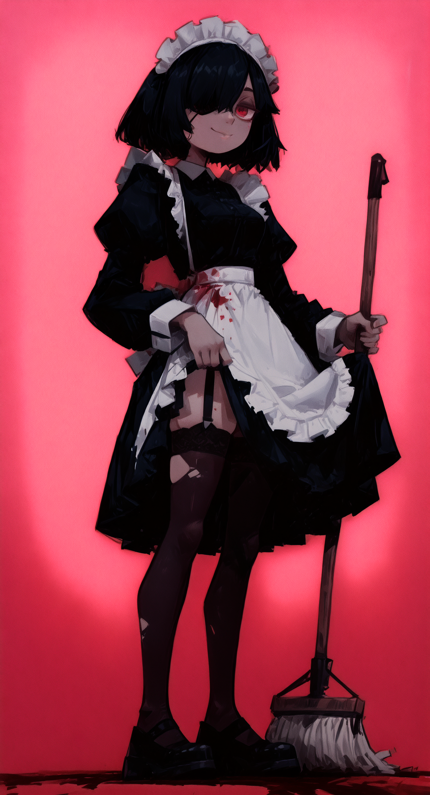 masterpiece, best quality, good quality, very awa, newest, highres, absurdres, 1girl, solo, breasts, looking at viewer, smile, short hair, simple background, black hair, long sleeves, red eyes, dress, thighhighs, holding, standing, full body, frills, shoes, puffy sleeves, black thighhighs, black footwear, hair over one eye, black dress, apron, maid, torn clothes, maid headdress, blood, garter straps, eyepatch, juliet sleeves, white apron, red background, waist apron, maid apron, frilled apron, broom, one eye covered, skirt hold, holding broom, mop, holding mop, haiz_ai, 0huton_illu,
drawing_style, <lora:illustriousXL_stabilizer_v1.23:0.3> <lora:NOOB_vp1_detailer_by_volnovik_v1:0.3> <lora:ponyv6_noobE11_2_adamW-000017:0.3> <lora:drawing_style_illustriousXL:0.39999999999999997> <lora:96YOTTEA-WAI:1> <lora:0hu_ton:0.85> <lora:haiz_ai_illu:1> <lora:namukijpg_ill:0.85>
