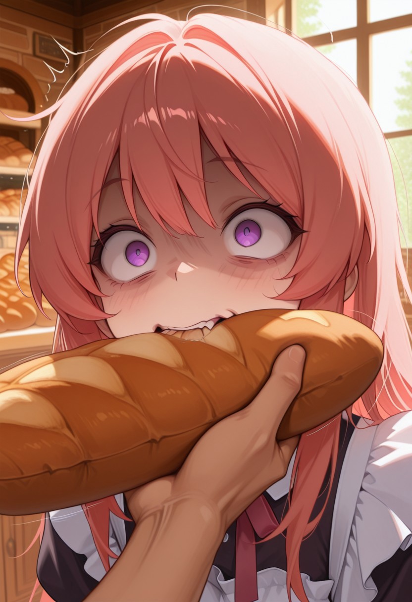 masterpiece, best quality, amazing quality, chin grab, 1girl, CivChan, purple eyes, pink hair, chin grab, solo focus, motion lines, upper body, crazy eyes, wide-eyed, constricted pupils, rapid, biting baguette, bak3ry, bakery, indoors, shop, bread, baguette, window