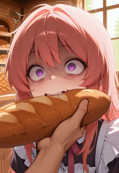 masterpiece, best quality, amazing quality, chin grab, 1girl, CivChan, purple eyes, pink hair, chin grab, solo focus, motion lines, upper body, crazy eyes, wide-eyed, constricted pupils, rapid, biting baguette, bak3ry, bakery, indoors, shop, bread, baguette, window