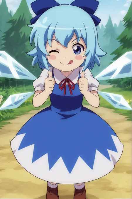 score_9, score_8_up, score_7_up,anime_source, source_anime, best background, detailed background, anime screencap, Cirno, blue bow, blue dress, dress, ice, ice wings, looking at viewer, smile, solo, v-shaped eyebrows, wings, flying, thumbs up, tongue out, one eye closed, outdoors, <lora:JN_Cirno:0.8>