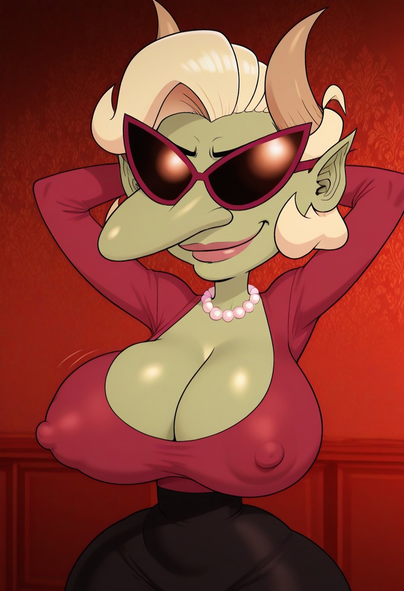 1girl, demon girl, sunglasses, jewelry, pearl necklace, horns, colored skin, cleavage,huge nose,smile
huge breasts,small waist.huge hips,looking at viewer,closed mouth,smug face,hands behind head
nipples through clothes