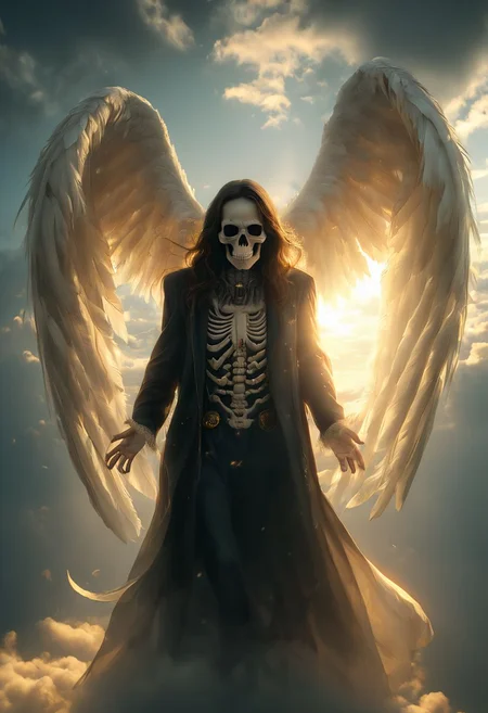 Well lit skeletal figure in nothing but black full body long sleeve robes and gray angel wings on his back. flying down from the heavens being death himself. Wielding an classic farm scythe  in his right hand with a wooden handle.. He has gray angle wings. He is reaching towards the camera with an open hand as god rays fill the gray bright cloudy sky behind him. White Feathers falling all around him. He is floating. Hand reached towards the camera. Golden sunlight depends upon the figure casting a beautiful array of God rays. Solo. A skeletal face visible under the hood. Golden glowing white feathers falling across the sky. It's a beautiful enchanted shot depicting death claiming a soul. The figure is staring right at the camera. As the gray sky is pierced by the golden light of the god rays. Halloween angle. high quality. realistic 8k. best definition. angle focused. angel wings on back. alone. coming down from the sky. . the skull is dirty from aging for so long. Hyper realistic.  35mm. the immage almost looks fully real. realistic shading. likea holy photo taken of death. black robes.