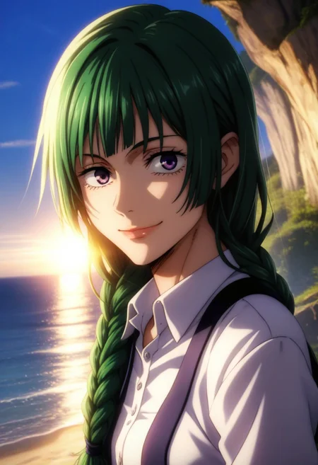 score_9, score_8_up, score_7_up, source_anime, intricate details, anime screencap, perfect balance, official art, extremely detailed CG unity 8k wallpaper, perfect lighting, Colorful, Warm_Front_face_Lighting, (masterpiece:1.0),(best_quality:1.0), ultra high res,4K,ultra-detailed, photography, 8K, HDR, highres, absurdres:1.2, Kodak portra 400, blurry background, bokeh, lens flare, (Anime) (vibrant_color:1.2), professional photograph, night, (good_face:1.2), 2d, anime, upper body, intricate iris, American, 1960s, 1970s, Professional character design, 1girl, female focus, (vibrant amethyst purple eyes), perfect eyes, (teal-green hair), (Long Silky smooth hair), (pretty hair), (beautiful hair), (curtain bangs), braided hair, preppy, white dress shirt, youthful, feminine, solo, jujutsu_kaisen_style, character portrait, (perfect-lighting, lens flare), face, torso, (Kind) (Friendly) (Happy) (Sweet smile), feminine, young, (Wealthy, manor, extravagant, ornate embellishments, coastal, shore, cliff), warm sunlight, dawn, (sunlight), (warm lighting), comfortable lighting.