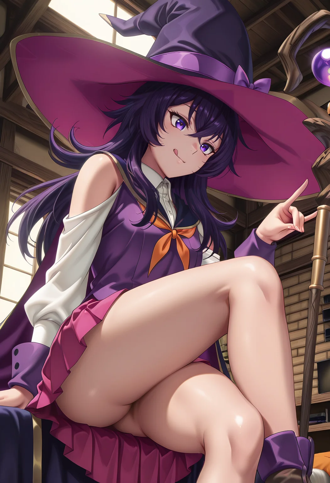 Smooth Quality,masterpiece,very intricate, high quality details, ultra realistic, high detailed skin,detailed enviorement,detailed environment,
studio, spotlights, fabric, smile, standing, soft,  ,
from below,fox shadow puppet,reclining pose, one leg crossed over the other, arm draped over backrest, calm demeanor,  ,;q,ass, 
<lora:Belano_Cinabrio:0.8> belano/cnn, 1girl, purple eyes, hair between eyes, purple hair, witch hat,pink pleated skirt, staff, school uniform, shoulder cutout, long hair,
