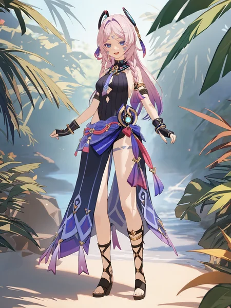 1girl, citlali \(genshin impact\), fingerless gloves, armlet, sarong, facial mark, bracelet, ring hair ornament, turtleneck leotard, leg tatoo, single gauntle, looking at viewer, smiling, open mouth, jungle, outdoors, depth of field, standing, full body, gladiator sandals <lora:Char-Genshin-Citlali-V1-XL:0.9>, masterpiece, best quality, very aesthetic, ray tracing, newest,(hitenkei, askzy:0.5), [<lora:detailed_notrigger:0.95>::0.5]