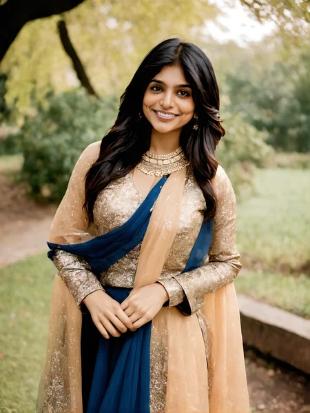divyasynthxl woman <lora:divyasynthxl-v1:1>, standing, smiling, in the park, wearing traditional indian outfit