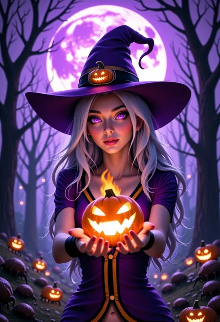 A hyper-realistic portrait of Syndraa, she is a witch and wearing a headpiece that is a witch hat. Her hat is purple, and there is a small laughing pumpkin head on her hat.
Her hair is long and light blue. She has glowing purple eyes and very pale, almost white skin. Her expression is scary yet seductive, also worth to mention that she is the most beautiful witch-girl in the world.
Her clothing is purple aswell with black and orange lines on it. It's a beautiful, detailed witch outfit.
She is holding a glowing pumpkin in her left hand that is flaming with purple flames, because she casts a purple spell with her other hand.
The background is simple and scary, a forest with big ugly spiders watching her with red eyes. There is a big purpe moon behind her, it glows beautiful light on her and the forest.
photography, high-resolution, dynamic, energetic, hyper-realistic, realistic, dramatic lighting