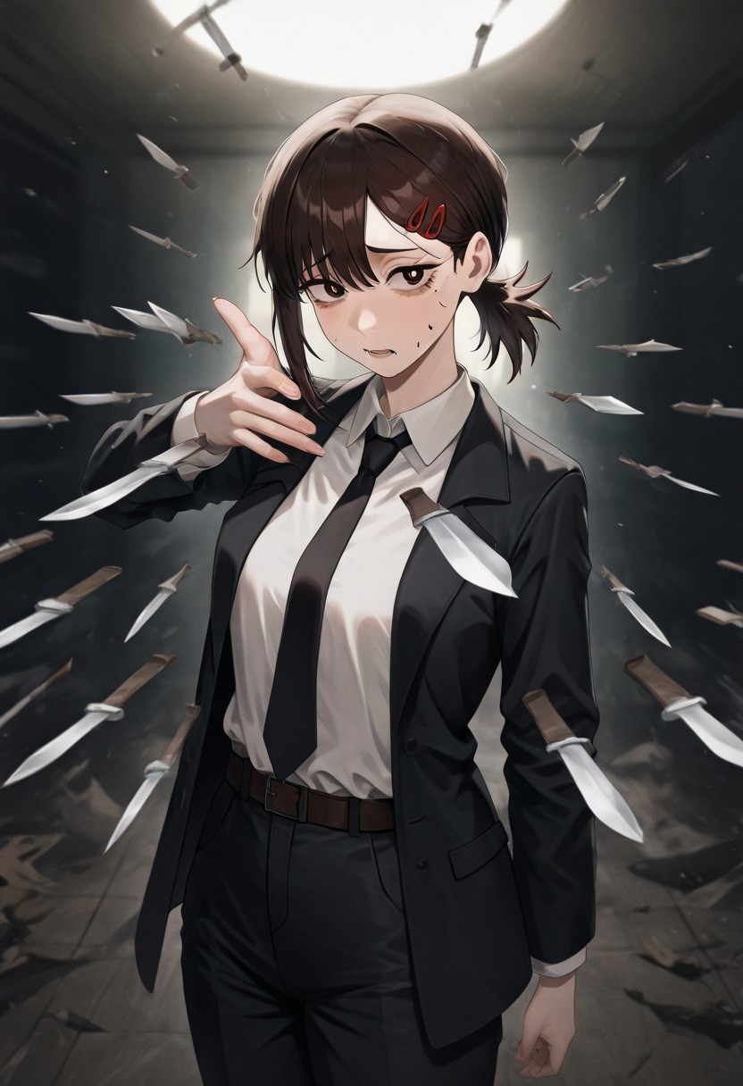 masterpiece, best quality, newest, absurdres, highres, 
anime, anime style, 
1girl, higashiyama kobeni \(chainsaw_man\), brown hair, collared shirt, black necktie, black jacket,
KFV1.0, knife, throwing, throw, throwing knife, 
multiple knives, holding, holding knife, weapon, holding weapon, 
knives between fingers,