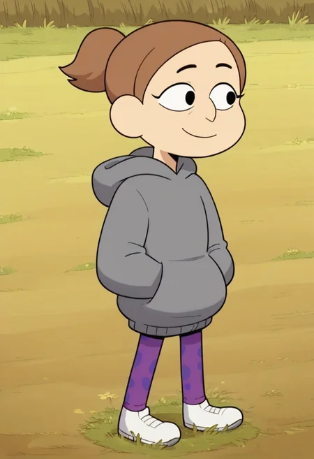 score_8, score_8_up, score_7_up, 1girl, female focus, Solo, Marie_Cotc, Light brown hair, low ponytail, large black eyes, black eyebrows, white skin, gray hoodie, purple leggings with darker spots, white shoes, outside, in forest, grass, full body, smile, standing