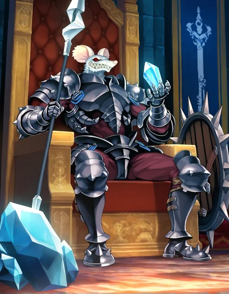 masterpiece, best quality, elgor, rat, anthro, solo, male, armored boots, gauntlets, holding spear, holding crystal, (spiked shield), blue crystal, spiked armor, magenta leotard, shining gem, throne room, throne,
<lora:UnicornOverlordBeastmen_Noob-1.0.38:1>