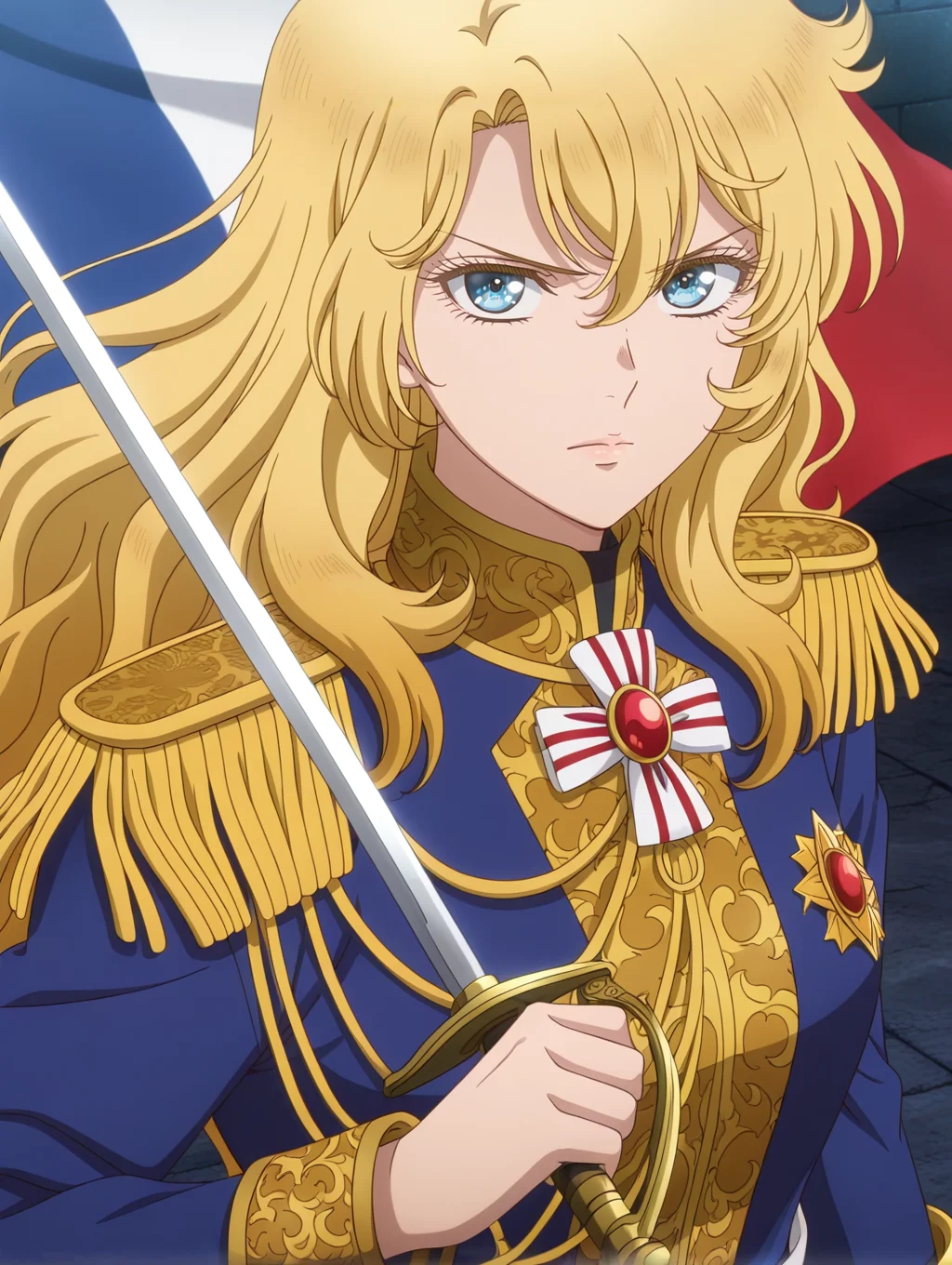 official tv style,anime coloring,1girl,oscar francois de jarjayes,solo,gold epaulettes,looking at viewer,french flag,rapier,holding rapier,serious,upper body,closed mouth,blue coat,blue military uniform,
masterpiece,best quality,amazing quality,very aesthetic,absurdres,newest,<lora:oscar_francois_de_jarjayes illusXL v1:0.7>,