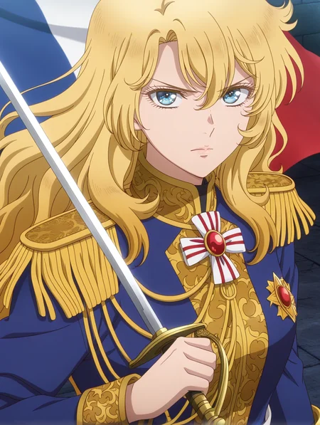 official tv style,anime coloring,1girl,oscar francois de jarjayes,solo,gold epaulettes,looking at viewer,french flag,rapier,holding rapier,serious,upper body,closed mouth,blue coat,blue military uniform,
masterpiece,best quality,amazing quality,very aesthetic,absurdres,newest,<lora:oscar_francois_de_jarjayes illusXL v1:0.7>,