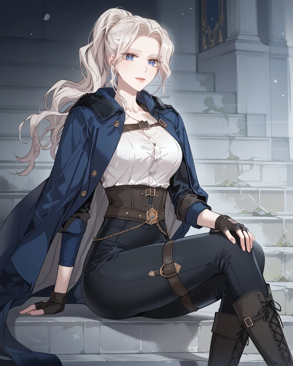 zPDXL3, score_9_up, score_8_up, score_7_up, (Anime_source),Masterpiece, perfect female body, small waist, incredibly detailed, slim, beautiful fingers, beautiful white skin, Beautiful clear skin, (large breasts) <lora:Charlize_Ronan_-_The_Taming_of_the_Tyrant_PONY-Kaleid:1> charlize ronan, blue eyes, 1girl, white hair, long hair, ponytail, pants, black pants, coat, belt, jacket, cape, fingerless gloves, knee boots, looking at viewer, from above, big breasts, ass, perfect ass, sitting in stone stairs, facing viewer, legs apart