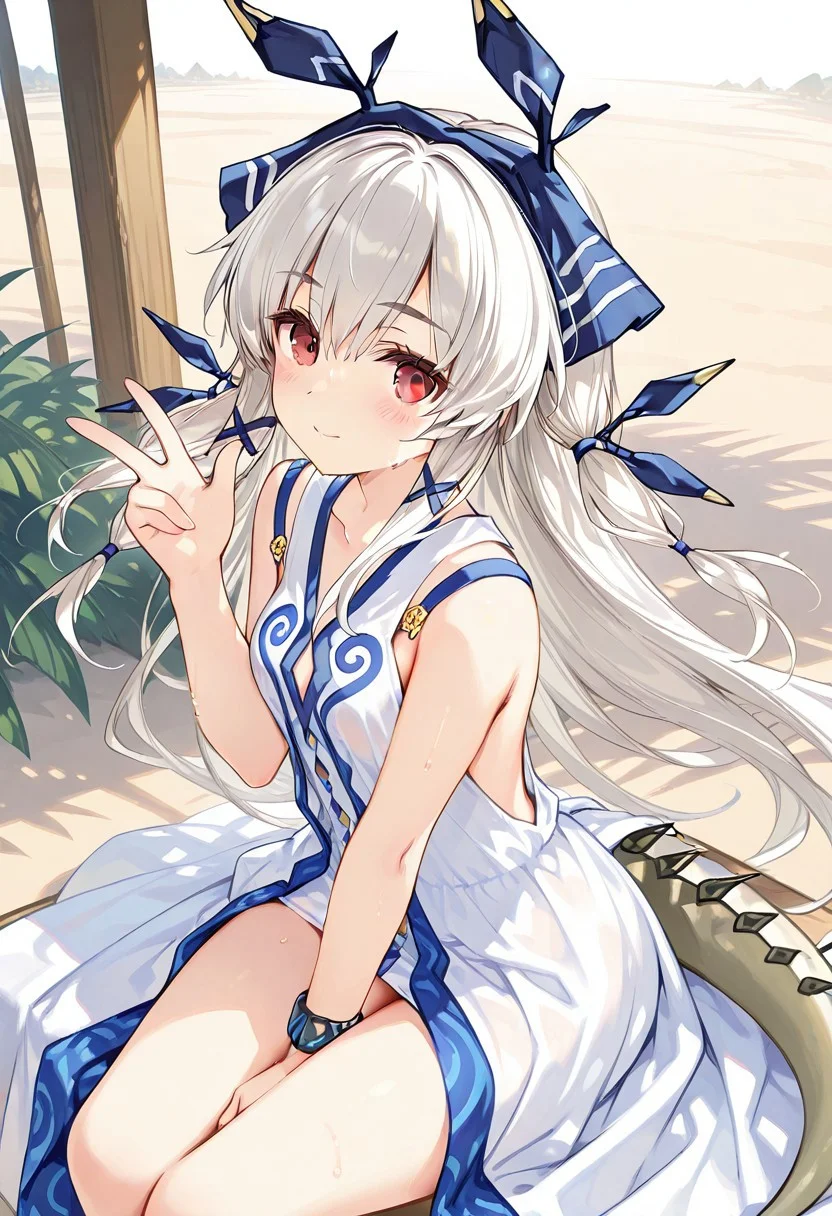 artist:Tsunako,(artist:miyase mahiro:0.6),(artist:ke-ta:0.8),masterpiece,best quality,amazing quality,1girl, from side, weedy,weedy(arknights),weedy(arknights)(summer suit),arknights,white dress,sitting,big thighs,tail,smile,sweat,w-sitting,warize,from above,looking at viewer,