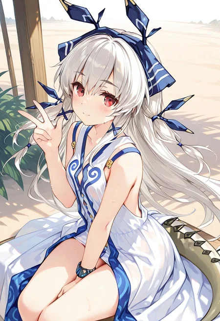artist:Tsunako,(artist:miyase mahiro:0.6),(artist:ke-ta:0.8),masterpiece,best quality,amazing quality,1girl, from side, weedy,weedy(arknights),weedy(arknights)(summer suit),arknights,white dress,sitting,big thighs,tail,smile,sweat,w-sitting,warize,from above,looking at viewer,