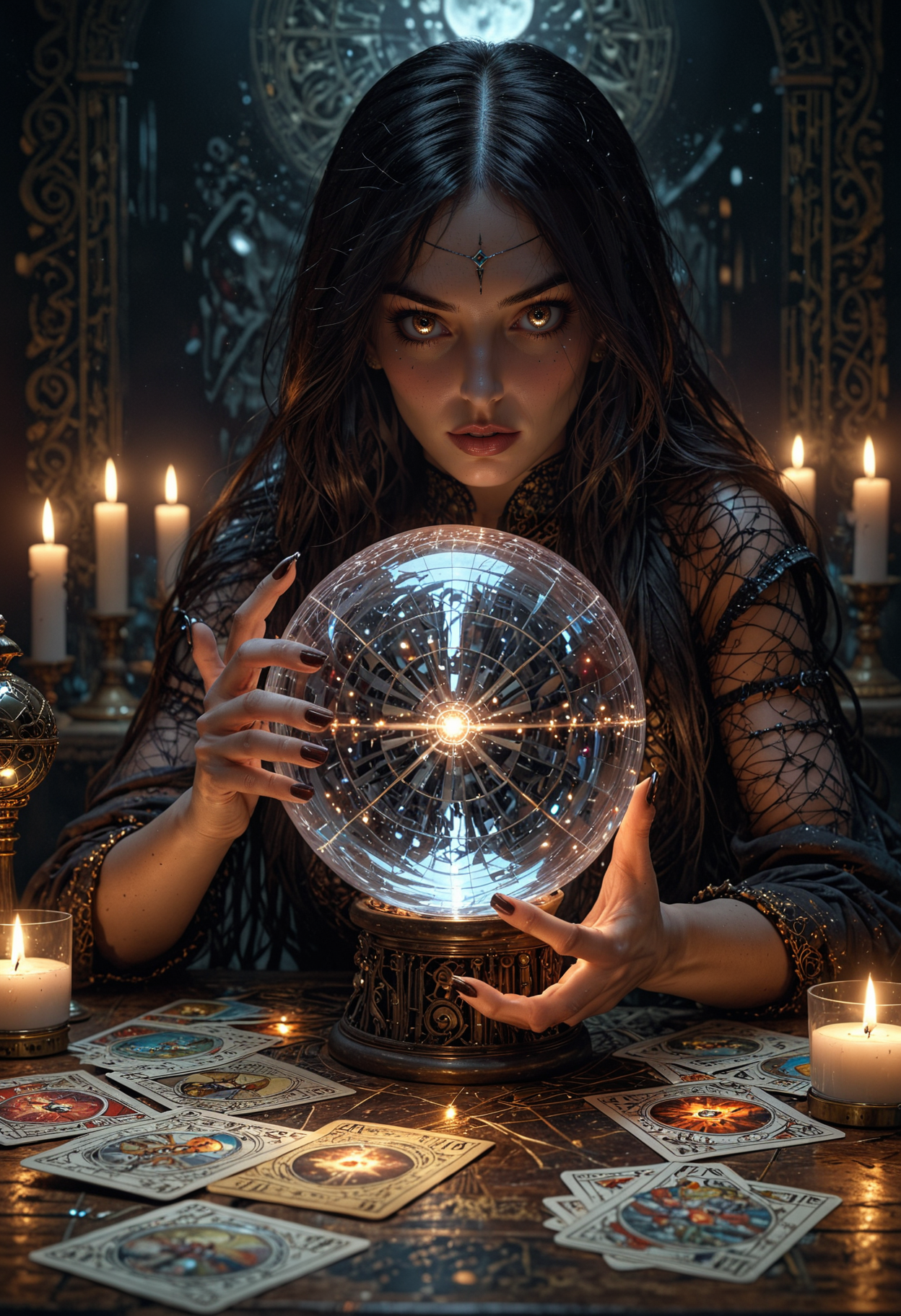 Stunning ultra-realistic in 8K resolution depicting a modern glamorous mysterious woman with black straight long hair, brown eyes, long nails, holding a large magical crystal ball. She is surrounded by many tarot cards, laid out on a dark table and casting an eerie glow. The modern atmosphere is shrouded in darkness, and there is enough light to highlight the woman's intricate costume and the mysterious objects around her. The overall effect is one of mystery, depth and a touch of magic, creating an unforgettable visual experience, photography  <lora:EpicF4nta5yXL:0.8>