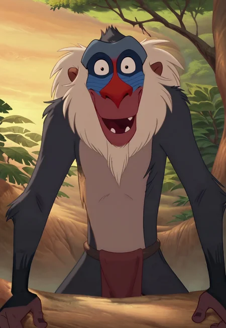 safe_pos, safe_pos, score_9, score_8_up, score_7_up, high quality, masterpiece, detailed, hi res, screencap, furry, Anthro, Rafiki, monkey, mandrill, male, fullbody, smiling, open eyes,  2 legs, 2 arms, good anatomy, (open mouth:1),  nice angle, outside, trees, light effects, gray legs, foreskin, (gray legs:1), loincloth, three quarter view