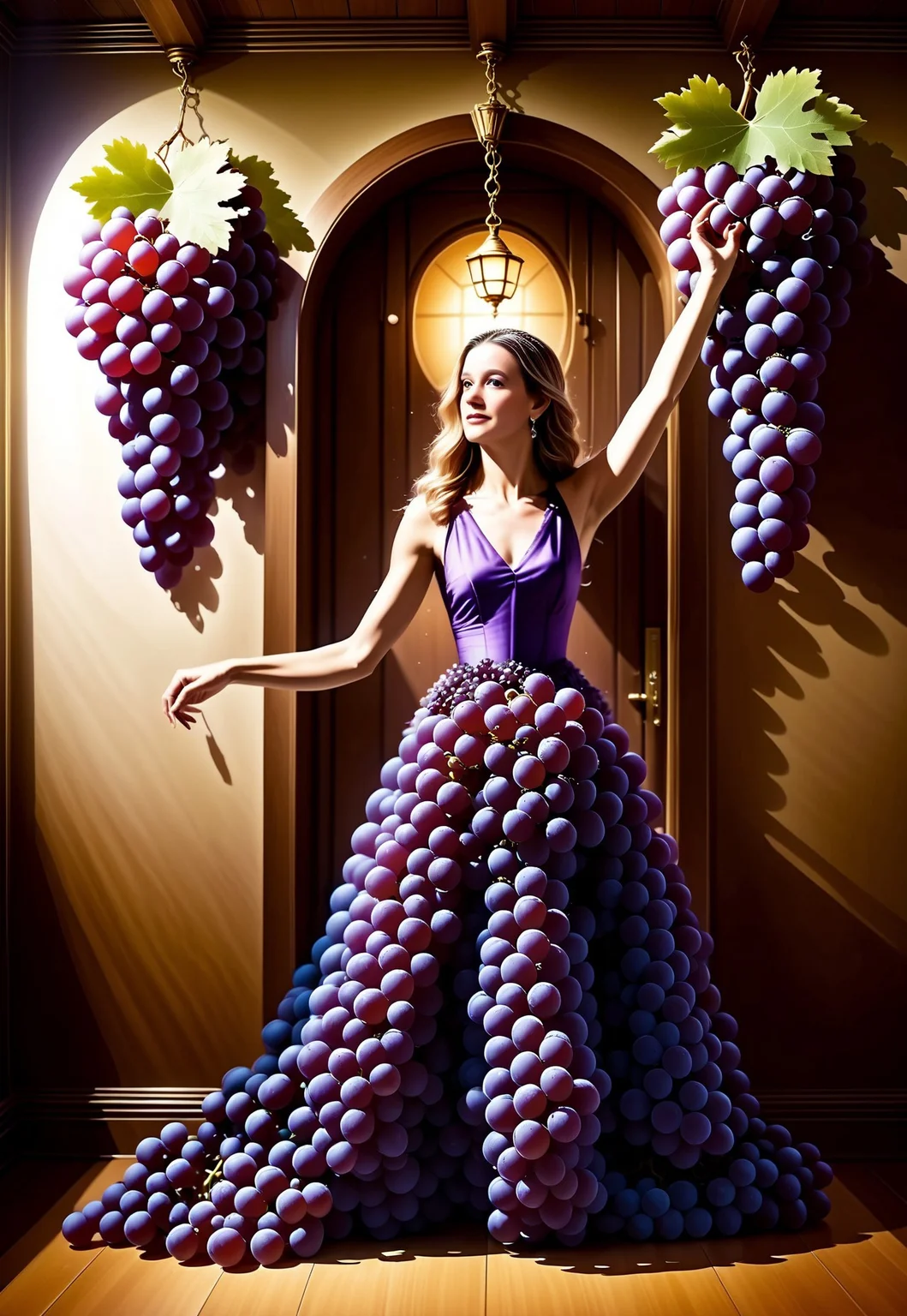 score_9, score_8_up, score_7_up, BREAK, realistic, photo, photorealistic, Carrie, dancing, ball room, party, grapes, dressed in a grape dress, grapes hanging from walls