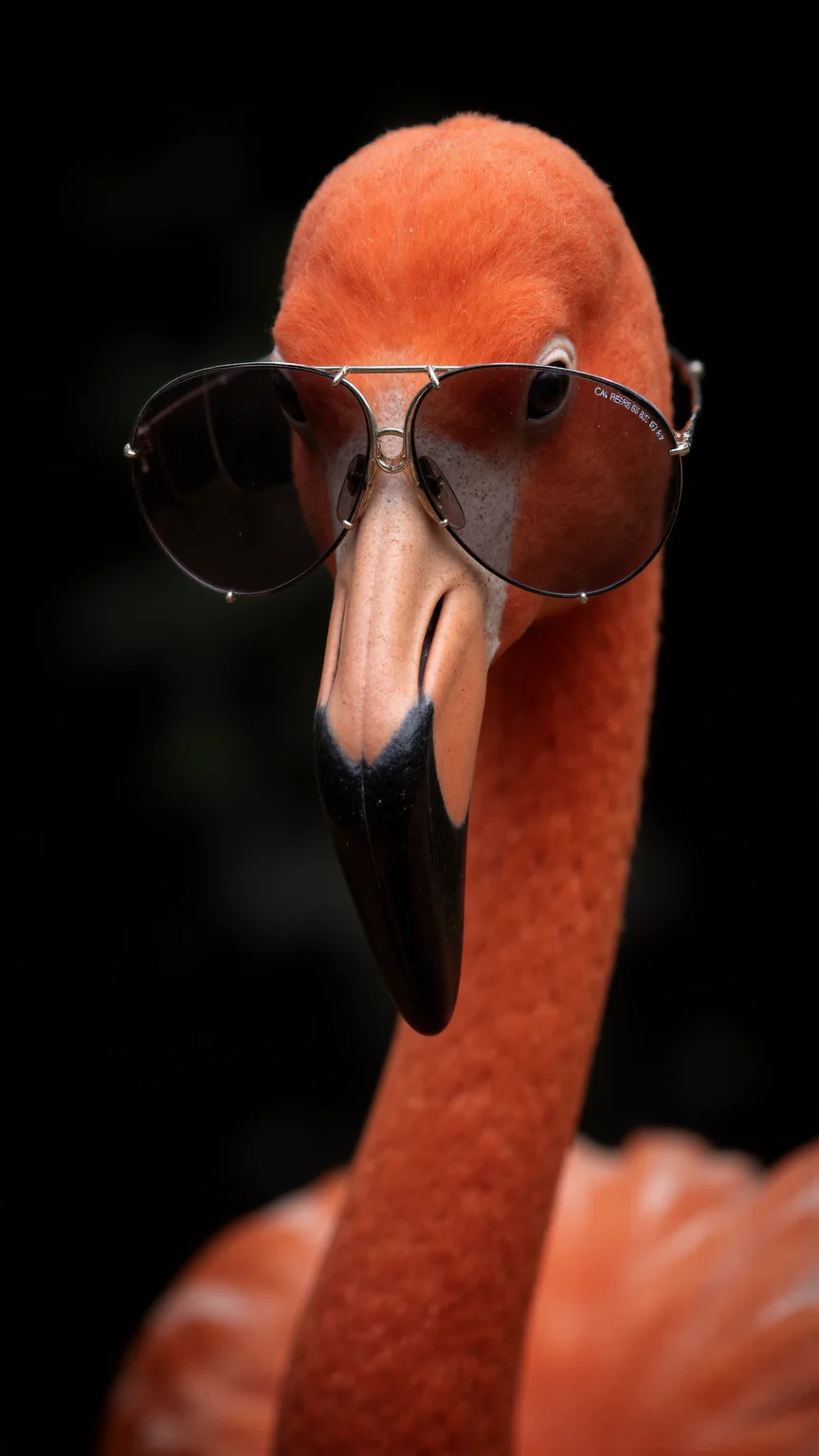 portrait Photo of a flamingo,close up, head, wearing a Carrera 5623 PD,sunglass,letter on the glass reads CARRERA, in a dark photostudio