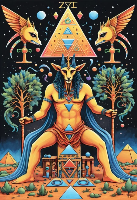 a drawing of Lunar Anubis, Egyptian psychadelic journey, a pharoh having a psychadelic vision, drinking from the tree of life, ((sigil of pyramid, sigil of great power, frames cube FancyTurning:1.5), (three planes) X Y Z in occult space, colorful psychedelic Egyptian themed trip,