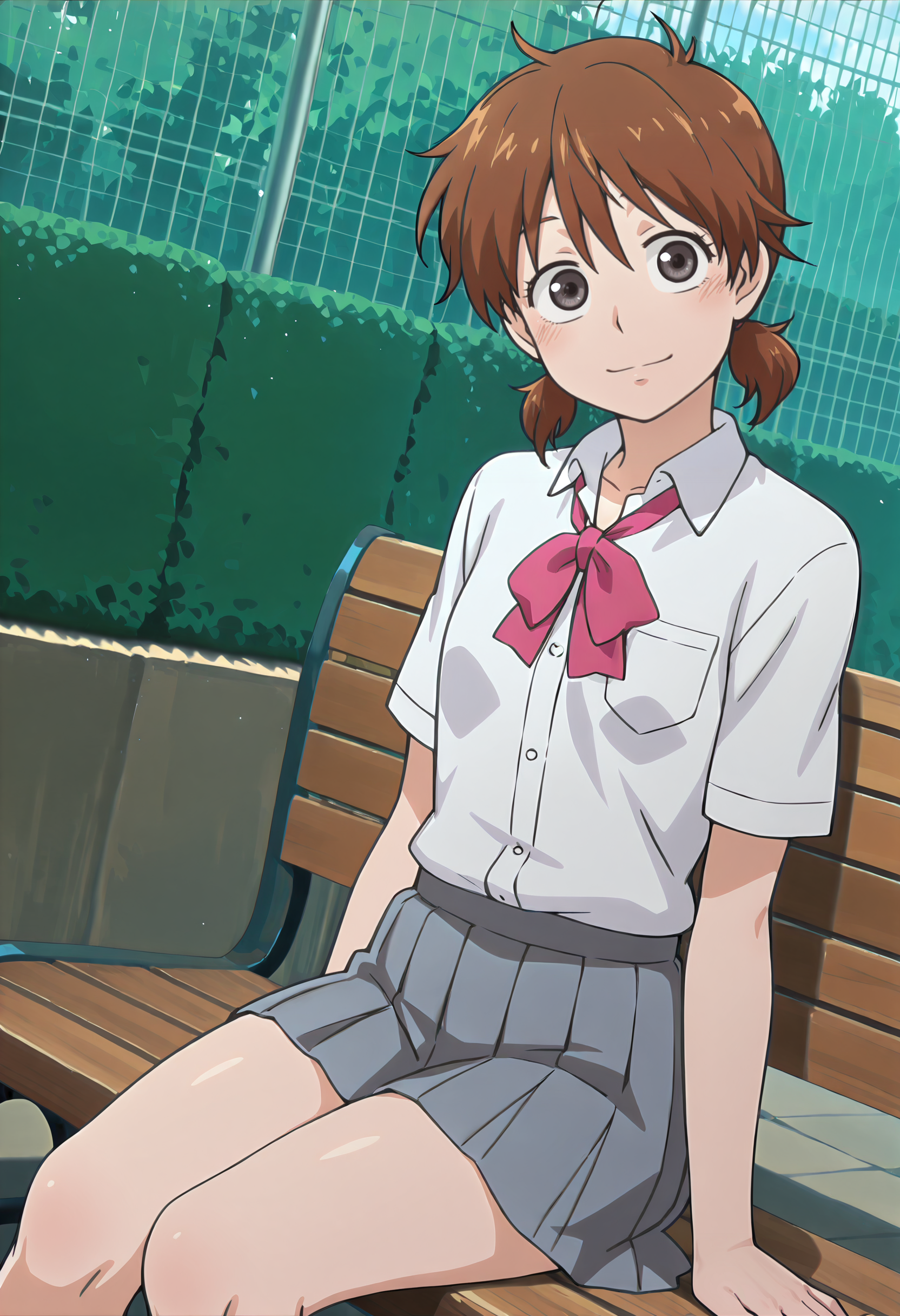 best quality, amazing quality, perfect quality, high quality, masterpiece, absolutely eye-catching BREAK
<lora:Ookiku_Furikabutte_-_Chiyo_Shinooka:1> OofuriChiyo, grey eyes, brown hair, short hair, wispy bangs, short twintails, small breasts, skinny BREAK
school uniform, pink bowtie, white shirt, collared shirt, grey pleated skirt BREAK
outdoors, green wall, hedge, bench, sunbeam, sitting, looking at viewer, head tilt, light smile, dutch angle, cowboy shot