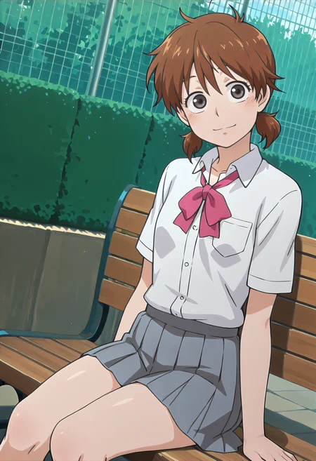 best quality, amazing quality, perfect quality, high quality, masterpiece, absolutely eye-catching BREAK
<lora:Ookiku_Furikabutte_-_Chiyo_Shinooka:1> OofuriChiyo, grey eyes, brown hair, short hair, wispy bangs, short twintails, small breasts, skinny BREAK
school uniform, pink bowtie, white shirt, collared shirt, grey pleated skirt BREAK
outdoors, green wall, hedge, bench, sunbeam, sitting, looking at viewer, head tilt, light smile, dutch angle, cowboy shot