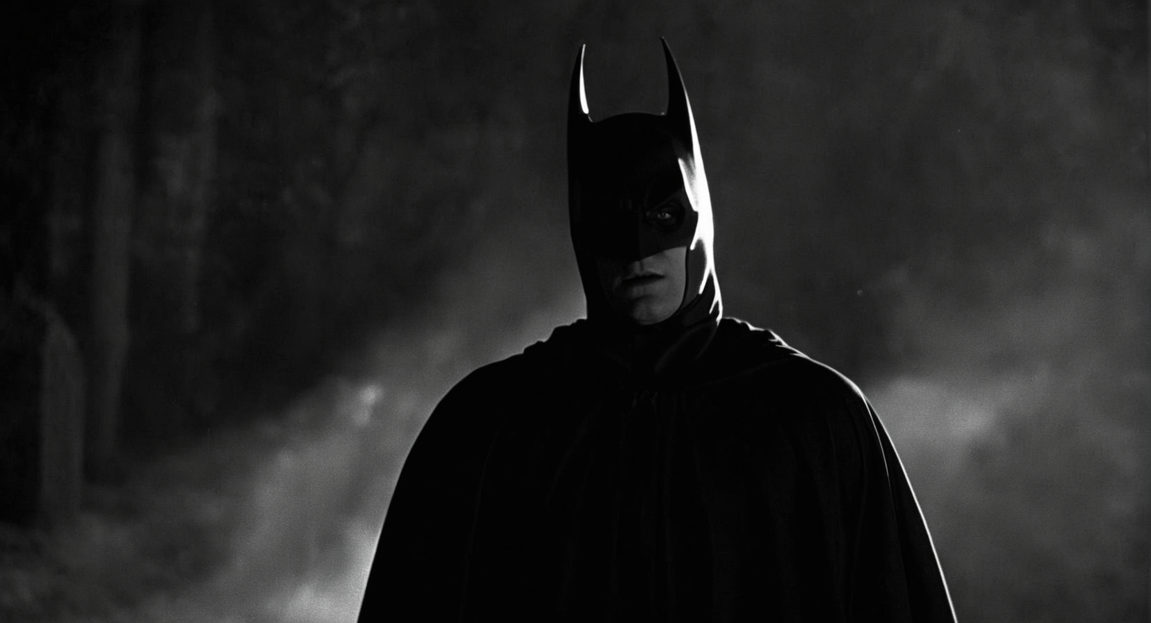 cinematic film still of  Cinematic Film stock footage in (arri alexa style) Kodak film print,   <lora:Batman Vampire:1> Batman Vampire a black and white photo of a person in a cloak and vampire fangs, shallow depth of field, vignette, highly detailed, high budget, bokeh, cinemascope, moody, epic, gorgeous, film grain, grainy