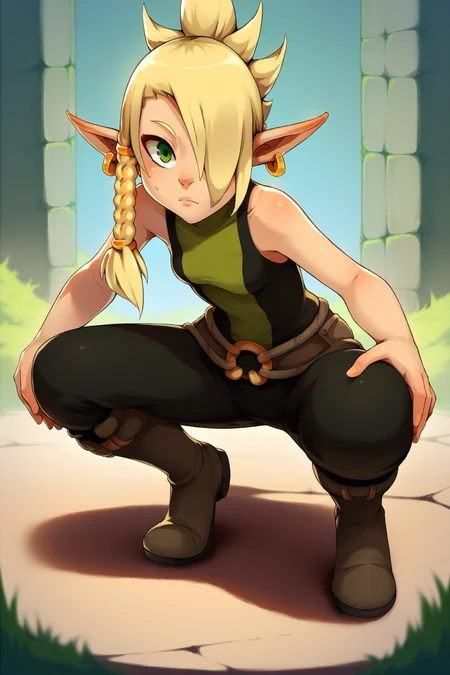 Score_9, score_8_up, score_7_up, <lora:Cléophée:1> Cleophee, pointy ears, green eyes, long hair, blonde hair, hair over one eye, jewelry, braid, earrings, bare shoulders, knee boots, pants, belt, squatting, spread legs,