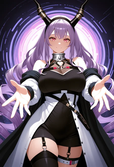 masterpiece, best quality, 1girl, solo, Typh0nDef, pink eyes, purple hair, very long hair, drill hair, black hairband, horns, metal collar, black dress, short dress, tight dress, bare shoulders, white jacket, thigh strap, garter strap, asymmetrical legwear, reaching towards viewer, smile, abstract background, dutch angle, <lora:ChamTyphonNoob:1>