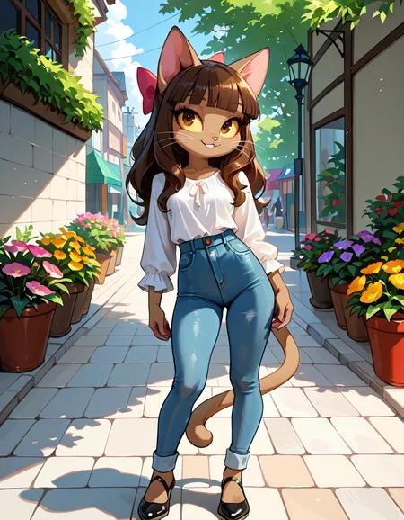masterpiece, best quality, very aesthetic, absurdres,
outdoors,casual,
full body, posing,
seductive smile, parted lips, long eyelashes,
<lora:Ivy_Pepper_v01_NAIXL:1>
1vyP3pp3r,1girl,solo,furry,furry female,cat girl,cat ears,brown hair,hair bow,long hair,blunt bangs,brown eyes,yellow sclera,animal nose,whiskers,body fur,cat tail,