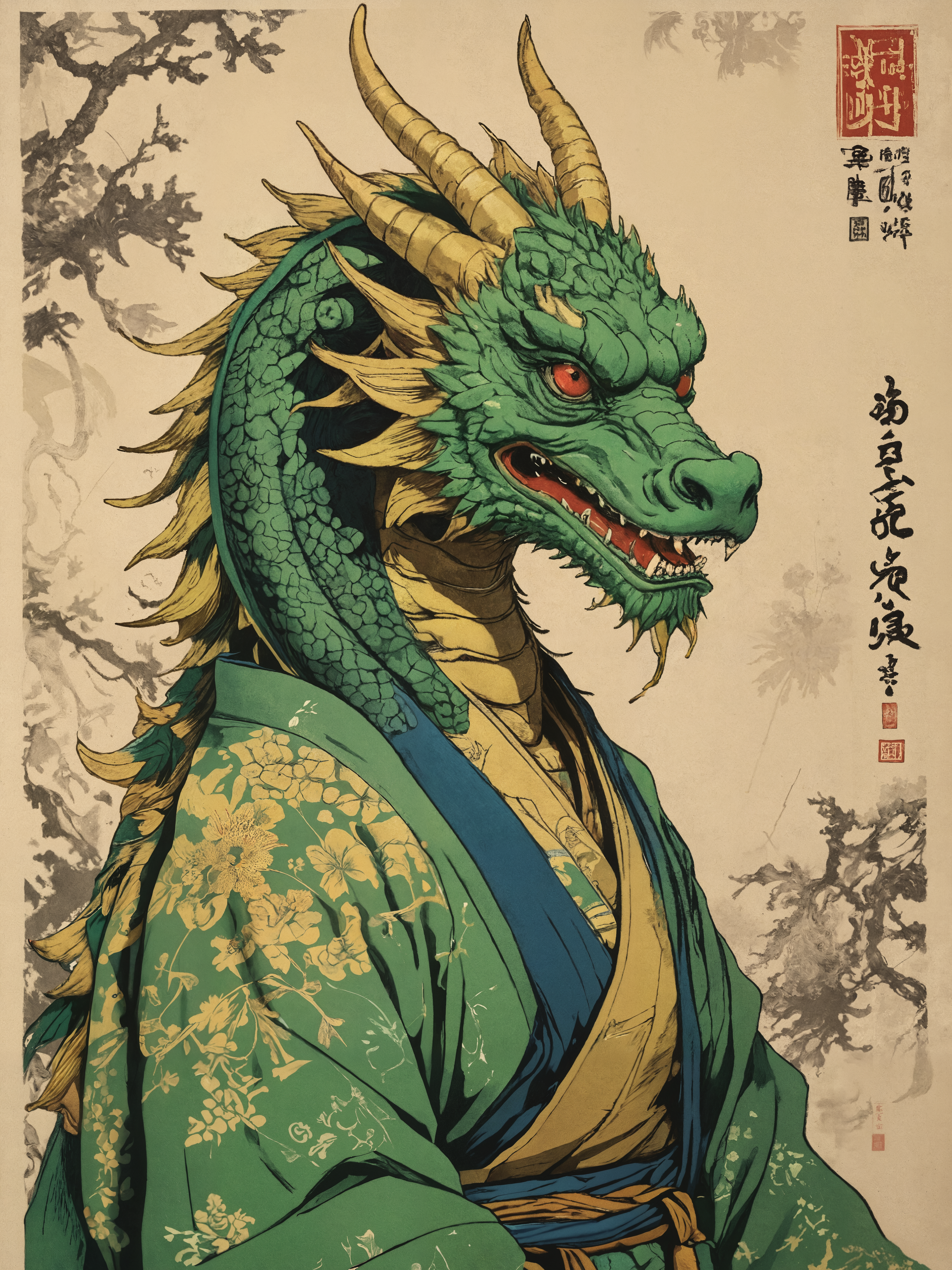 silk screen art, (ukiyo-e:1.1), (painted by Kim Hong-do:1.1), sharp oriental dragon, green and gold with a bit of blue, katsuhiro otomo, line art, glitch art, hergé