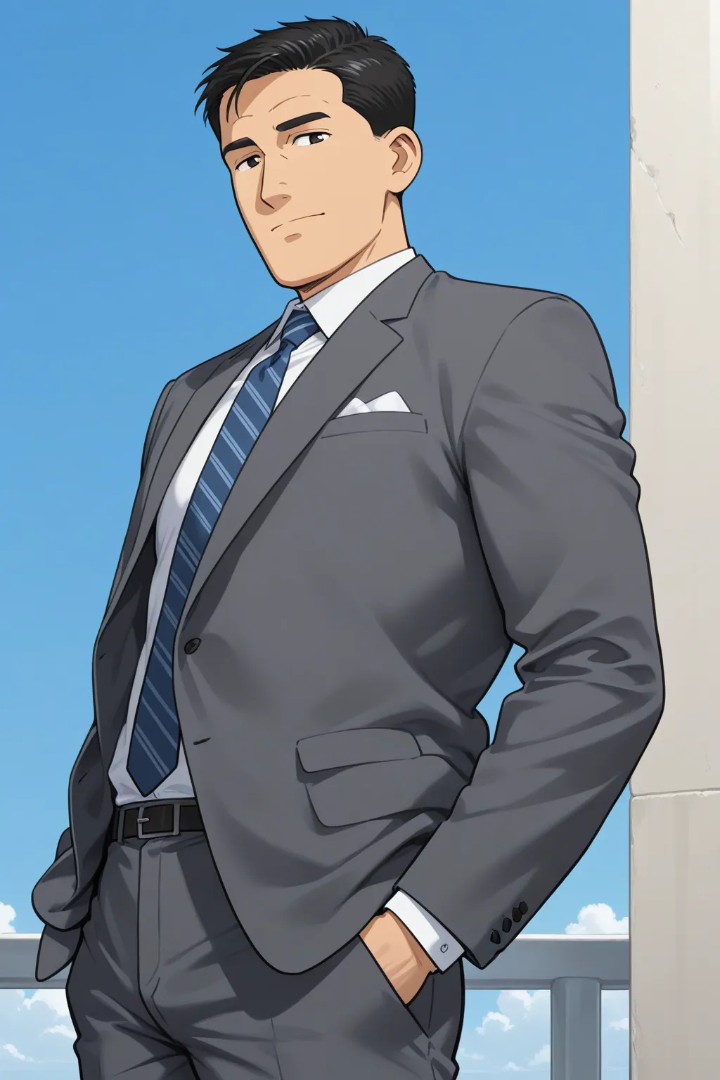 <lora:inogashira_goro_ilxl:1>masterpiece, best quality, inogashira_goro_ilxl. 1boy, male focus, solo,  formal, suit, upper body, blue sky, cowboy shot