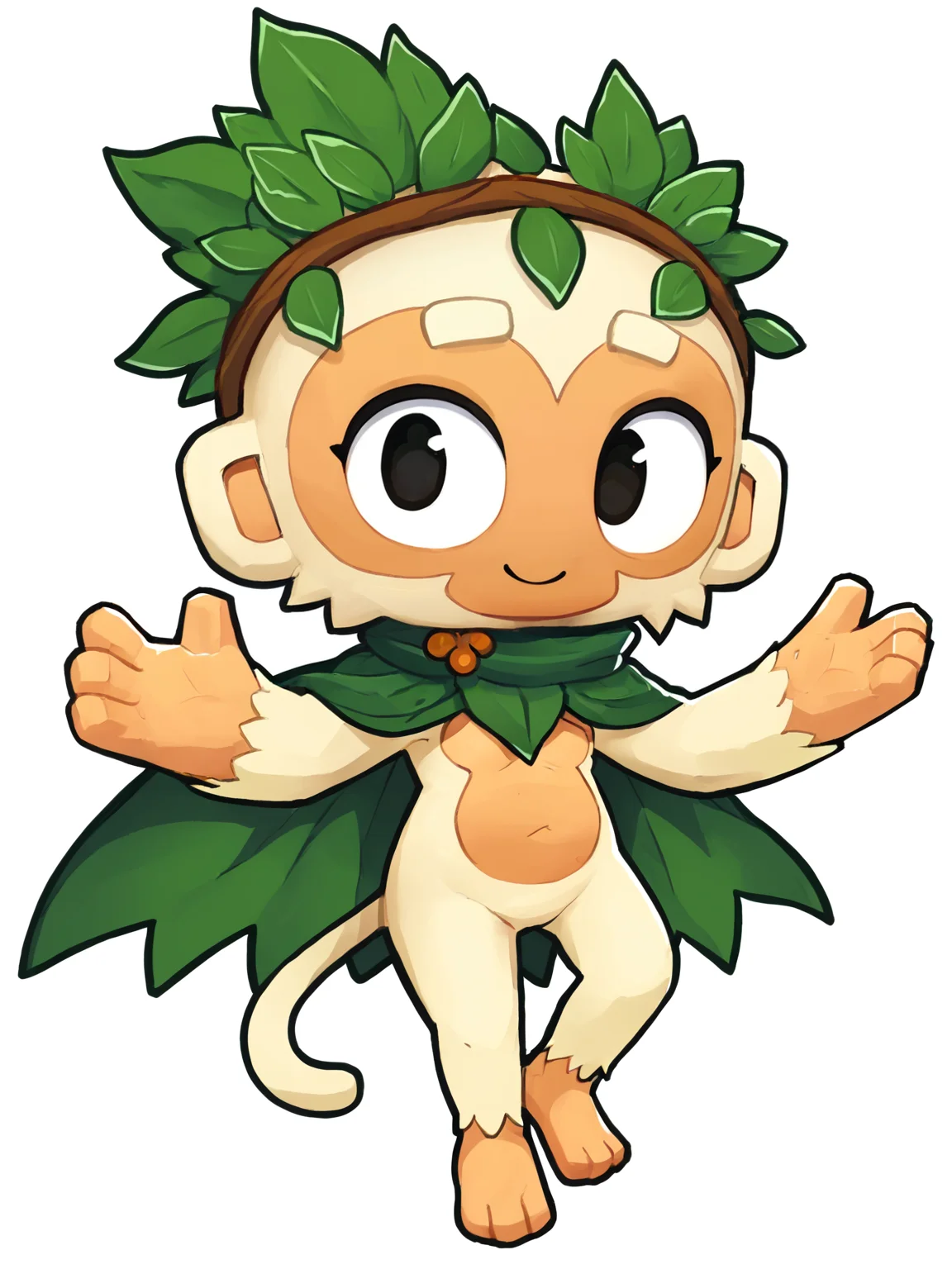 parody,highres <lora:btd6.v3:0.9> furry, monkey, btd6, no nose, tail, simple background, druid, leaf hair ornament,white skin,white background, smile,looking at viewer,green cape,