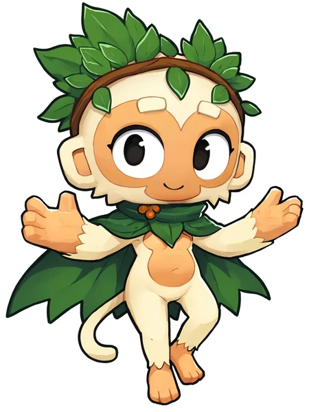 parody,highres <lora:btd6.v3:0.9> furry, monkey, btd6, no nose, tail, simple background, druid, leaf hair ornament,white skin,white background, smile,looking at viewer,green cape,