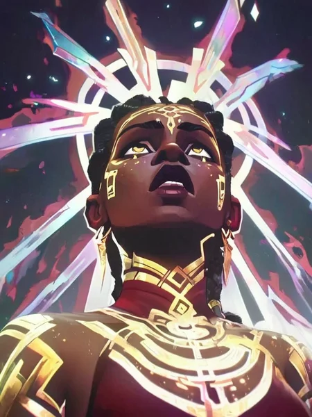 score_9, score_8_up, score_7_up, Awakened mage, mel, a young woman with a captivating expression, illuminated by glowing elements, open mouth, jewelry, yellow eyes, upper body, braid, dark-skinned female, earrings, looking up, volumetric lighting  <lora:arcane_pony_v2:0.9>