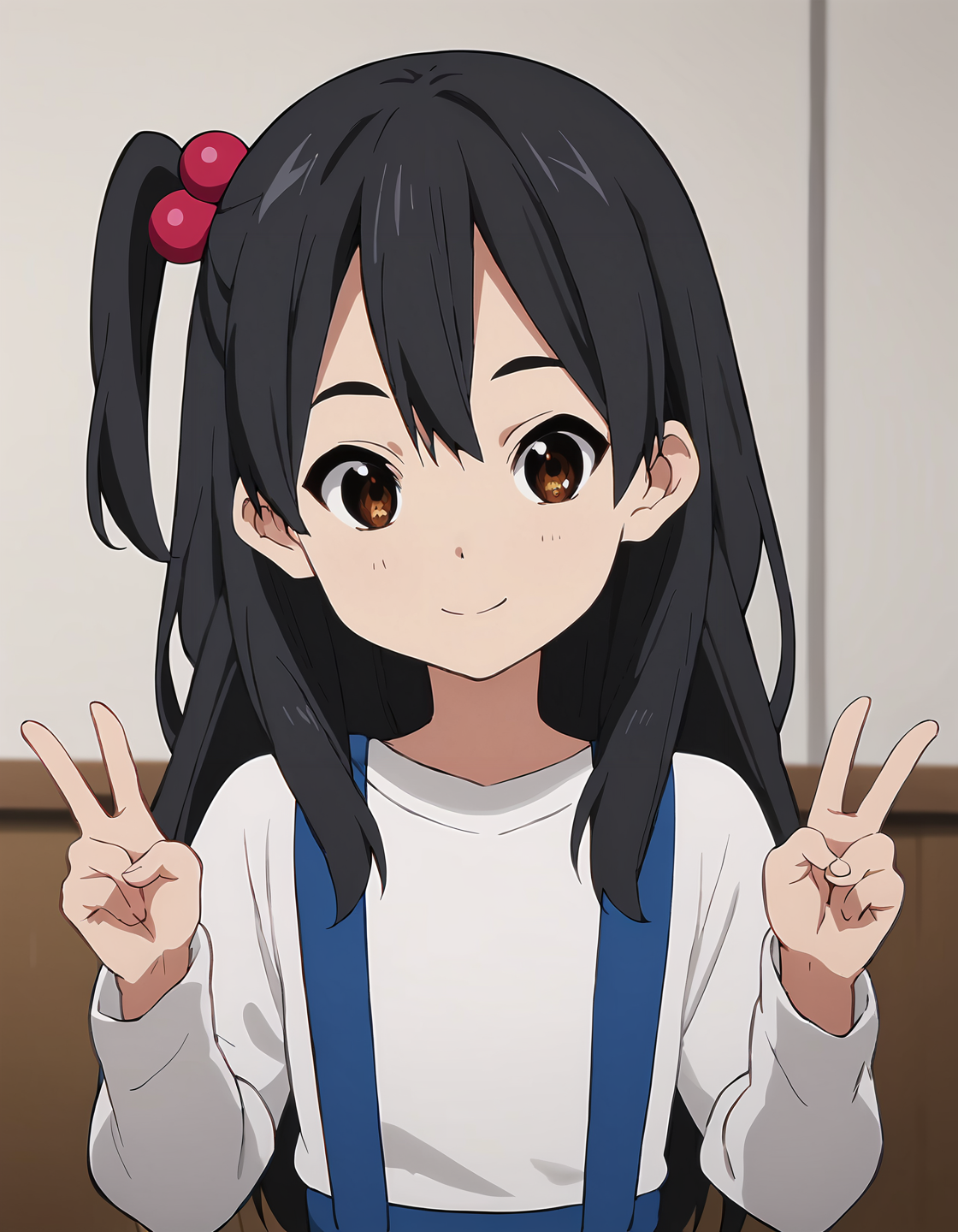 score_9, score_8_up, score_7_up, score_6_up, score_5_up, score_4_up, <lora:AnkoT_T2V0:0.85>,
1girl, solo, source_anime, anime screencap,
AnkoT_T2V0, female child, black hair, long hair, one side up, hair between eyes, brown eyes, hair ornament, hair bobbles,
white shirt, long sleeves, suspenders, 
hands up, double v, 
looking at viewer, smile, closed mouth, head tilt, 
indoors, upper body,