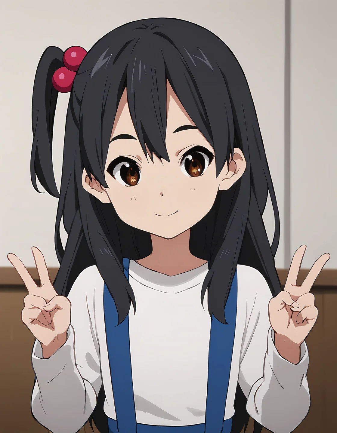 score_9, score_8_up, score_7_up, score_6_up, score_5_up, score_4_up, <lora:AnkoT_T2V0:0.85>,
1girl, solo, source_anime, anime screencap,
AnkoT_T2V0, female child, black hair, long hair, one side up, hair between eyes, brown eyes, hair ornament, hair bobbles,
white shirt, long sleeves, suspenders,
hands up, double v,
looking at viewer, smile, closed mouth, head tilt,
indoors, upper body,