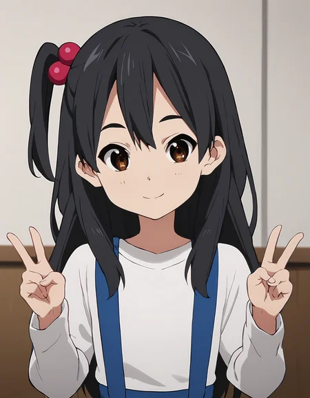 score_9, score_8_up, score_7_up, score_6_up, score_5_up, score_4_up, <lora:AnkoT_T2V0:0.85>,
1girl, solo, source_anime, anime screencap,
AnkoT_T2V0, female child, black hair, long hair, one side up, hair between eyes, brown eyes, hair ornament, hair bobbles,
white shirt, long sleeves, suspenders, 
hands up, double v, 
looking at viewer, smile, closed mouth, head tilt, 
indoors, upper body,