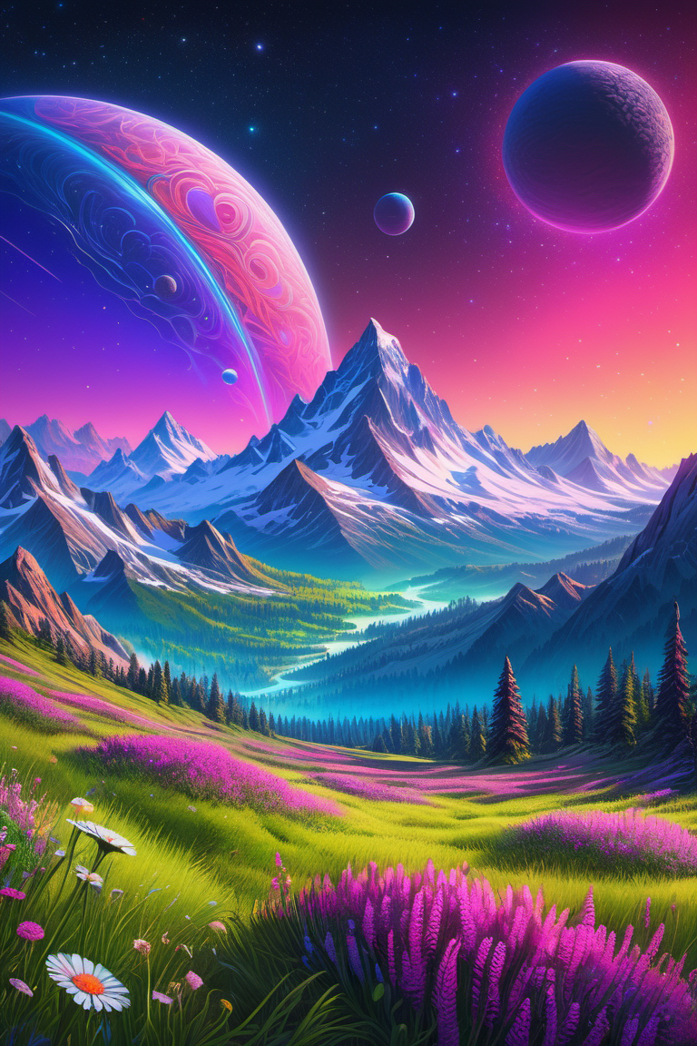 hyper detailed masterpiece, dynamic realistic digital art, awesome quality,fluorescent paint strait
,invisible telescope
,brownian motion dreamscape
 environment lighting,time dilation, machine-driven,uninviting,stratosphere,festive,extraterrestrial,alpine meadows