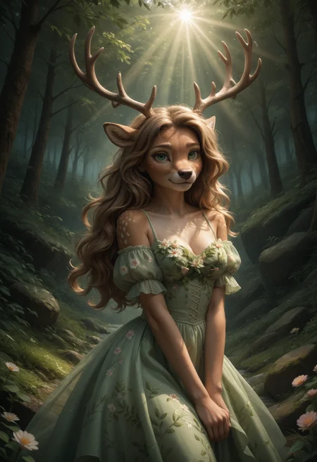 score_9, score_8_up, score_7_up, score_6_up, score_5_up, FurFemX, deer, furry, 1girl, soft brown fur, delicate antlers, glowing green eyes, peaceful meadow, floral dress, gentle expression, warm sunlight, fantasy nature, ethereal vibe, flowing hair, dreamy atmosphere, nature goddess, soft glow