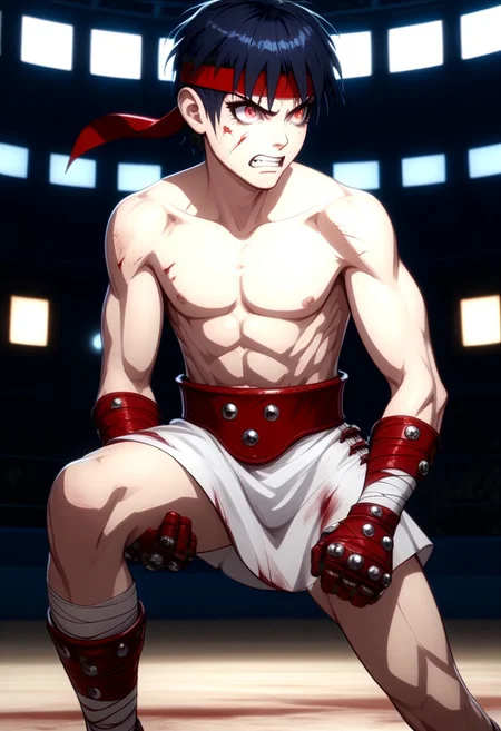 score_9, score_8_up, score_7_up, (FMW1, painterly, vibrant details:2), 1boy, cestanim, cestvs, red headband, short black hair, bangs, (gradient eyes:2), cestus, bandaged hands, studded red gloves, red belt with three studs, plain white kilt, red sandals, toned body, bandaged ankles, standing pose, angry, teeth, bruises, blood, on knee, knee up, arena, colosseum,