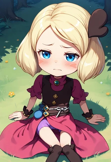score_9, score_8_up, score_7_up, best quality, uncensored, source_anime, BREAK
1girl, sw-mayone, blond hair, short hair, heart hair ornament, blure eyes, blush stickers, pink dress, brown vest, sw-mayone outfit, purple bike shorts, brown thigh boots,
close up, on side, sadness, outdoors, 
<lora:sdxl_lightning_8step_lora:1> <lora:sw-mayone_XL(pony):1>