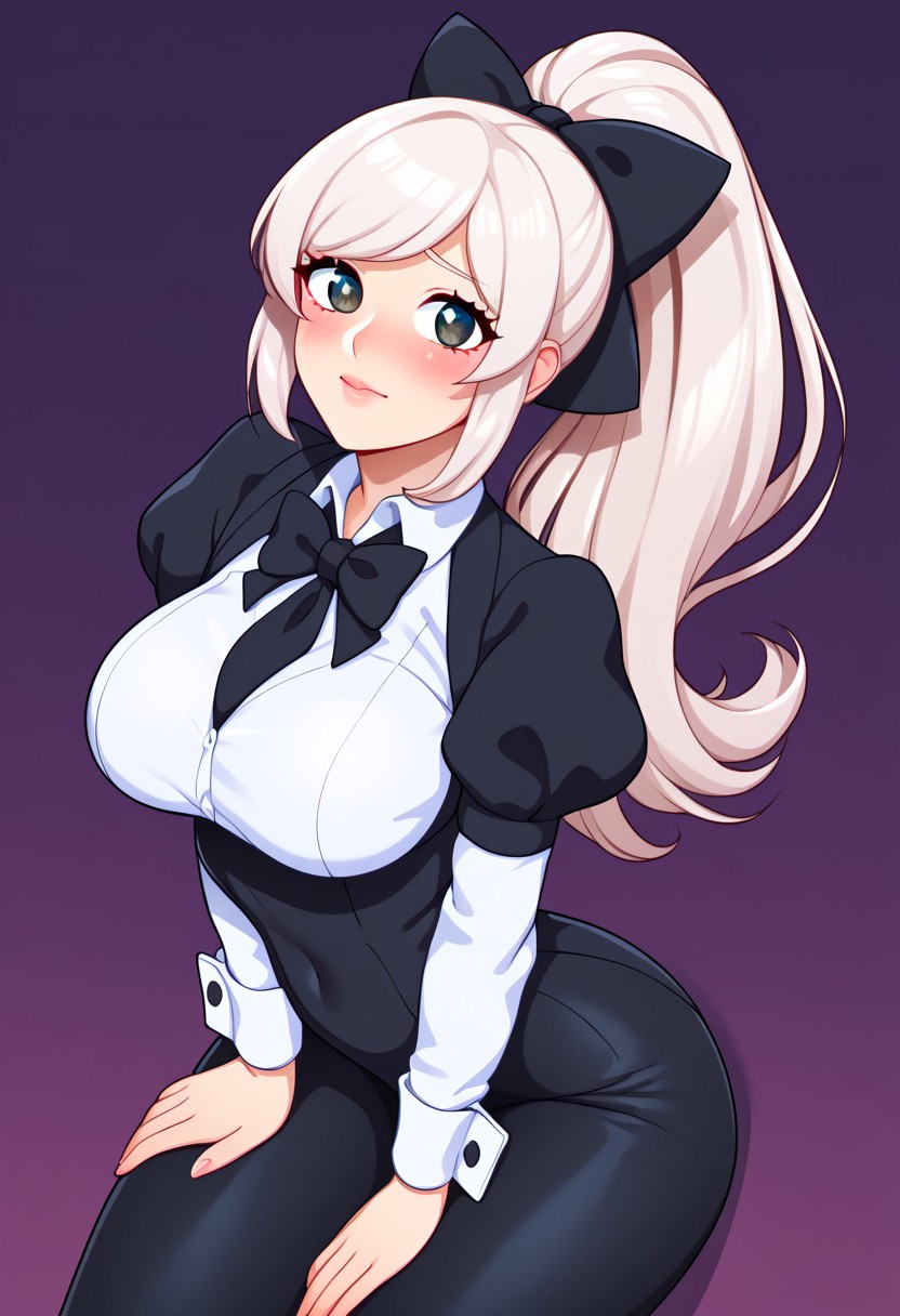 score_9, score_8_up, score_7_up, score_6_up, score_5_up, score_4_up, source_cartoon, <lora:confetti-extract- ponyxl:0.85>, detailed eyes, easynegative, rating_explicit, Expressiveh, 1girl, solo,
Geraldine, shirt, long sleeves, white shirt, white hair, ponytail, sidelocks, thighs, hair bow, collared shirt, pants, puffy sleeves, bowtie, black eyes,  wrist cuffs, black bow, dress shirt, swept bangs, black pants,  high ponytail, juliet sleeves,  black bowtie,  sleeve cuffs, traditional bowtie, necktie, big breasts, blush, shy, greatm8 style