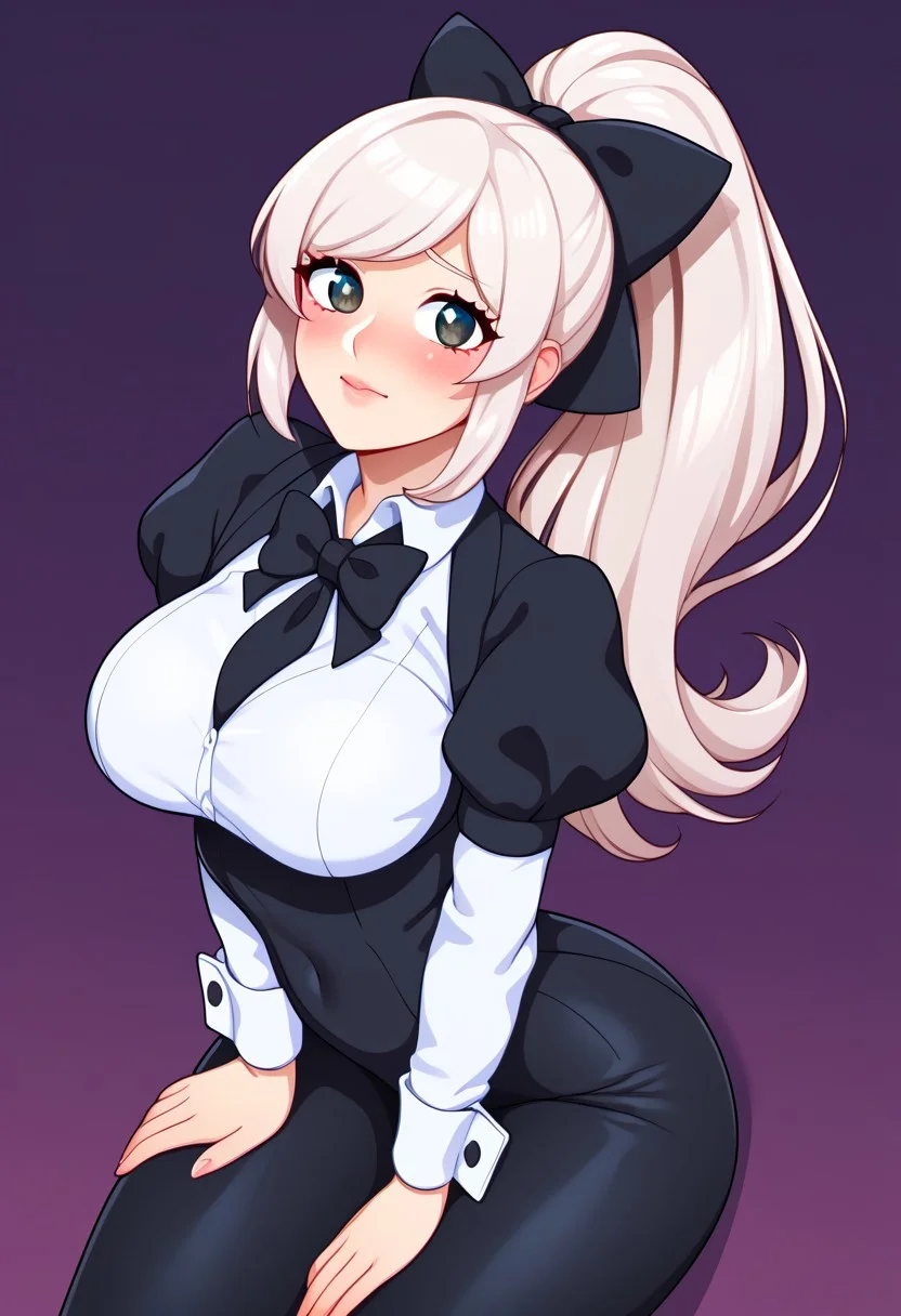 score_9, score_8_up, score_7_up, score_6_up, score_5_up, score_4_up, source_cartoon, <lora:confetti-extract- ponyxl:0.85>, detailed eyes, easynegative, rating_explicit, Expressiveh, 1girl, solo,
Geraldine, shirt, long sleeves, white shirt, white hair, ponytail, sidelocks, thighs, hair bow, collared shirt, pants, puffy sleeves, bowtie, black eyes, wrist cuffs, black bow, dress shirt, swept bangs, black pants, high ponytail, juliet sleeves, black bowtie, sleeve cuffs, traditional bowtie, necktie, big breasts, blush, shy, greatm8 style